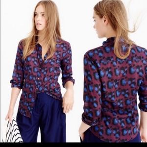 J. Crew Perfect cotton/silk Cobalt Leopard Print button up shirt